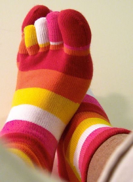File:Red Pink Orange rainbow toesocks.jpg