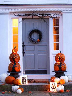 front door with halloween decorations