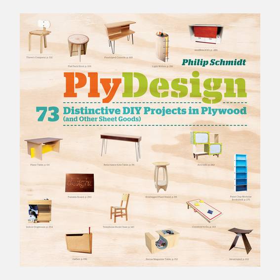 A book about DIY plywood projects displays many pieces of wooden furniture.