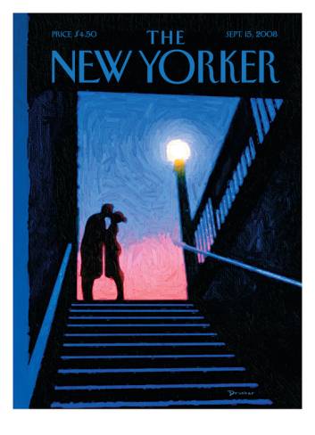 An illustrated cover saying The New Yorker that is black and blue with a person by a lamp.