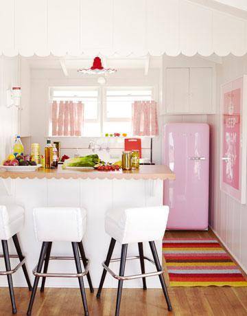 Krista Ewart Design - kitchens - pink, fridge, white, stools, white, stools, white, cabinets, pink, ruffled, drapes, striped, green, red, fuchsia, turquoise, blue, brown, rug, red, fan, pendant, peninsula,