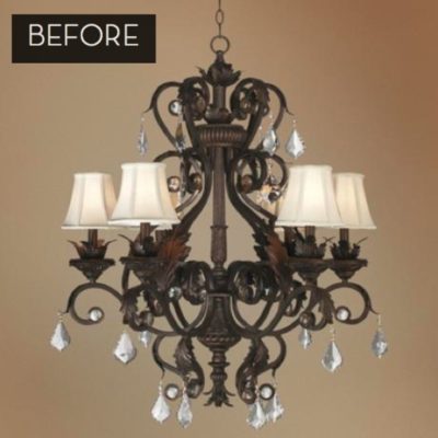 "Altering a hula-hoop into a barrel shade to cleverly hide the chandelier."