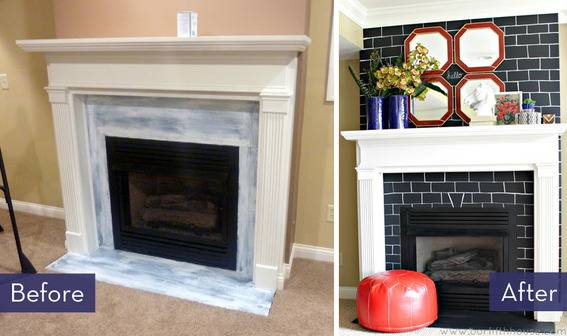 Fireplace with a brick background decorated with octagonal plates and blue vases.