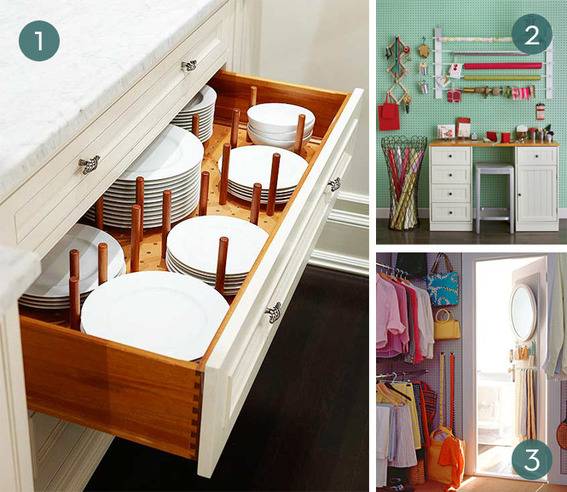 An open drawer with white plates held by dowels, a green wall with a rack and a desk with a grey bench and a tall metal garbage can, and an organized closet with a yellow and a blue purse hung up.