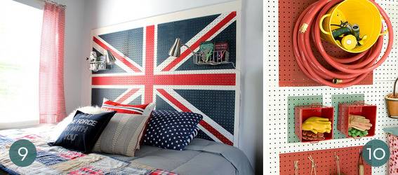 Pegboard arranged like a flag or used to hold items.