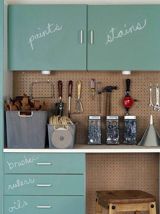 A hardware garage portion with blue cabinets.