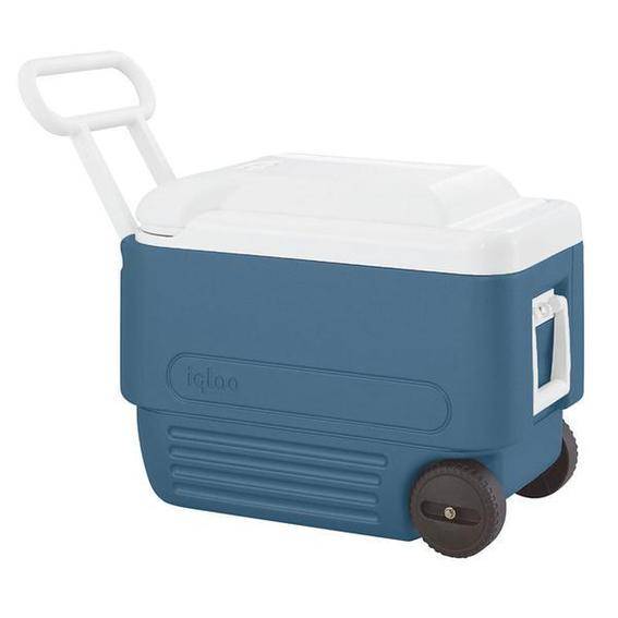 Large blue cooler with black wheels and a white lid sitting on the ground with its white handle sticking up.
