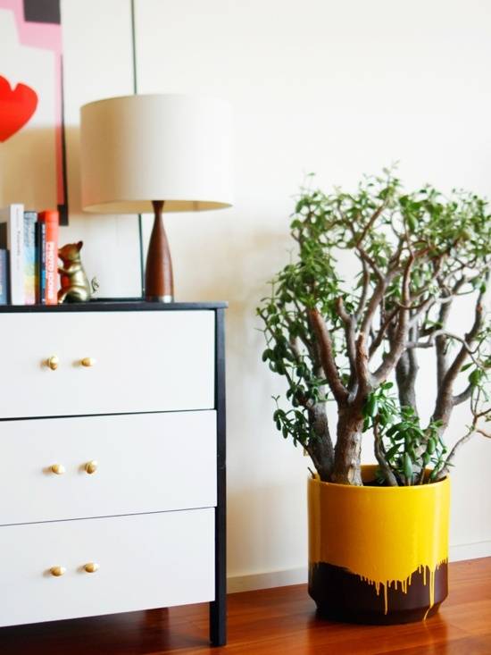 A small dresser next to a plant in a brown and yellow pot.