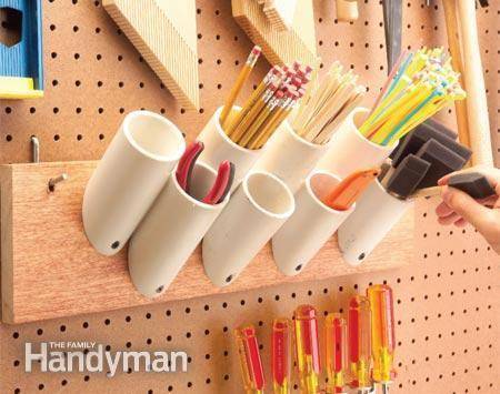 A garage organization includes pieces of pipe that act as cups.
