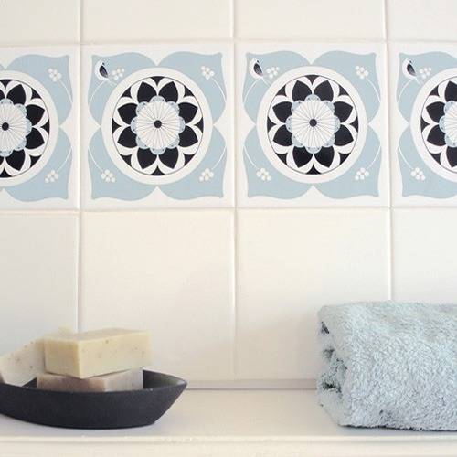 Flowery designs in wall panels in a kitchen.