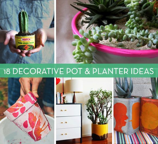 Plant pots made of different materials are decorated differently from each other.