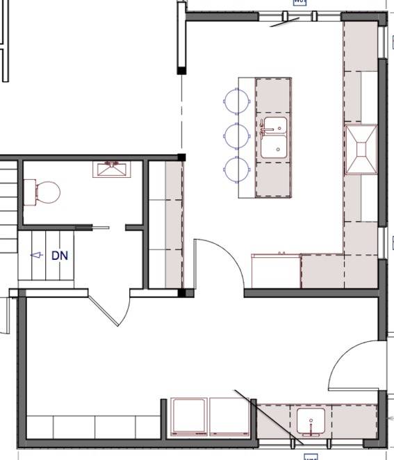 Blue print of a kitchen and a bedroom with toilet.