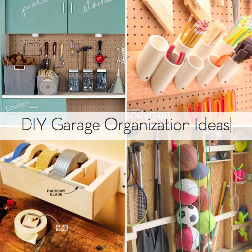 Organization ideas for the garage, including PVC pipes for pens, and bungee cords for balls.