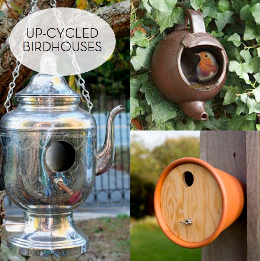 A silver coffee pot, a bronze teapot and a terra cotta colored pot have been up-cycled into bird houses.