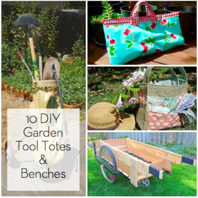 Garden tools in totes and benches made from old items that have been refurbished.