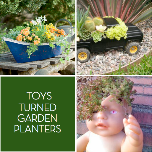 Different planters are made from toys.