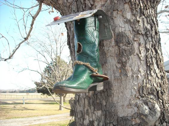 A green boot attached to the side of a large tree.