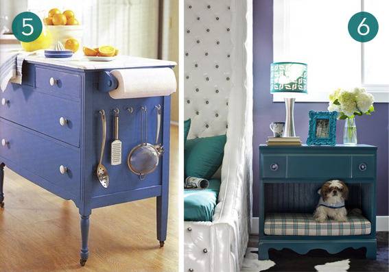 A dresser has been converted into a kitchen island, and a nightstand has been converted into a dog bed.