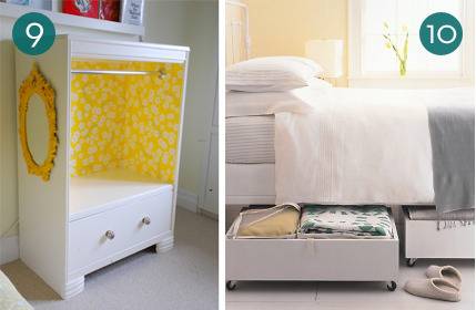 A bedroom has pull out storage under the bed, and a very small open armoire.