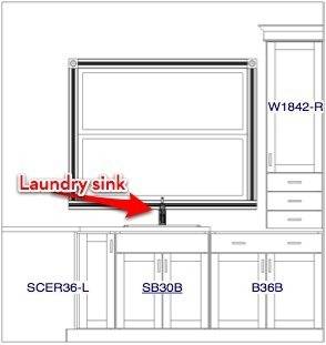A laundry room has a sink, cabinets, and a window.