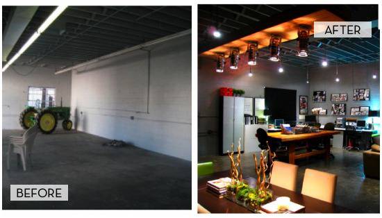 A garage has been transformed into an office with an eating area.