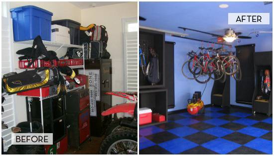 A crowded storage space has been changed into an organized storage room.