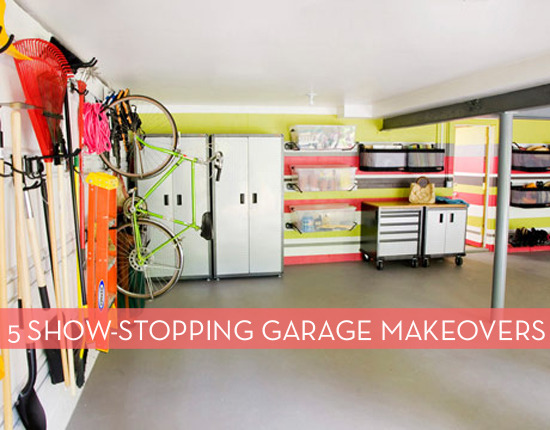 A garage with a bike and other items mounted on the walls.