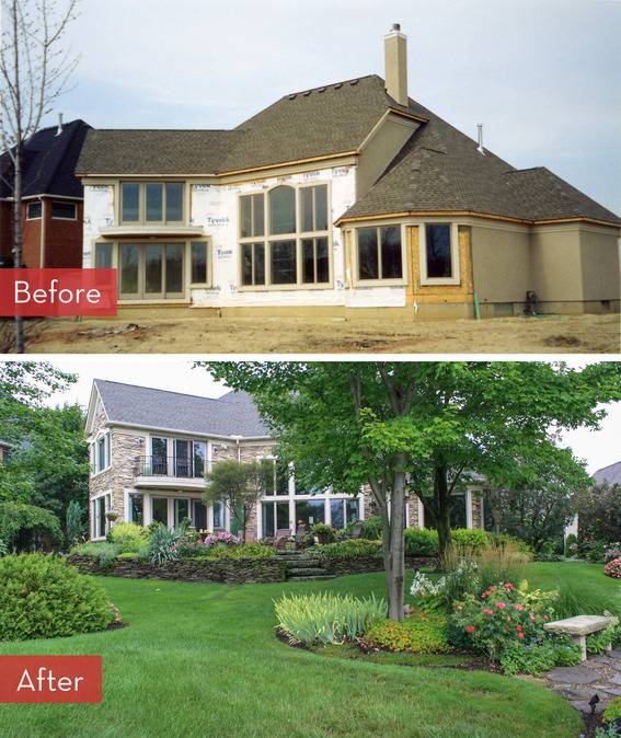 Before and after a house and garden were renovated.