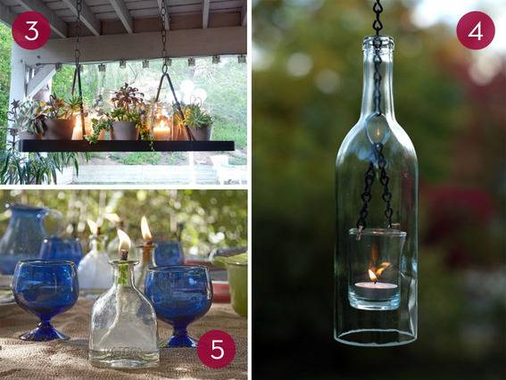 Examples of using bottles and shot glasses to make candles.