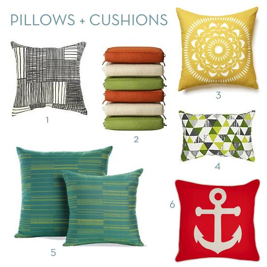 Different colors and shapes of pillows and cushions have somewhat matching designs.