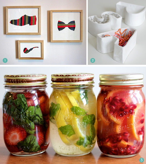 Three mason jars with herbs and fruit and liquid in them and pictures and stuff.