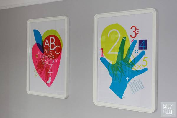 Glossy wall art shows the alphabet and and numbers for kids.
