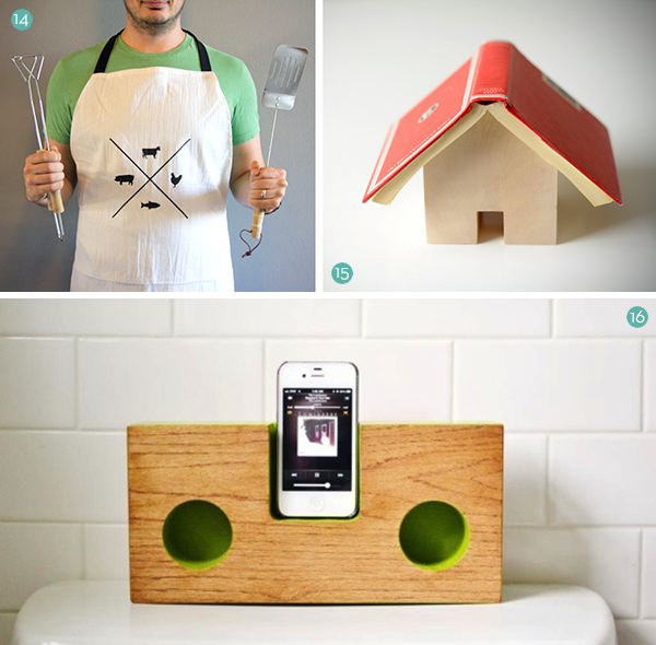 Wooden household items include a cell phone dock, a birdhouse, and barbecue tools.