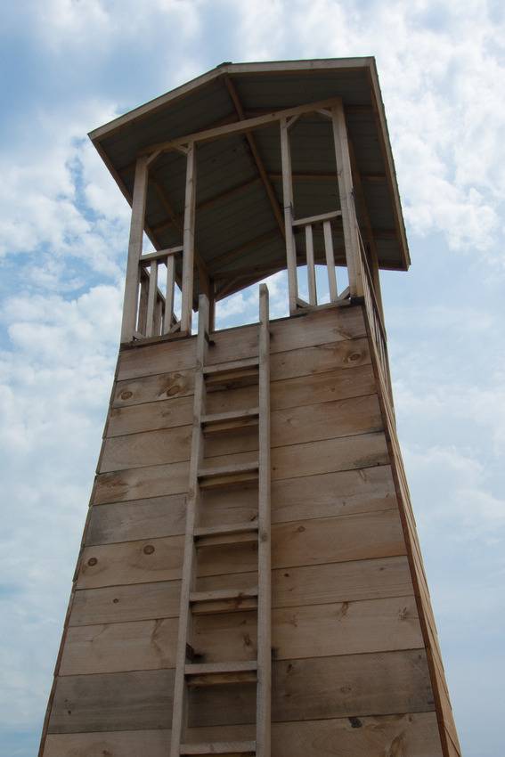 A ladder is leading up to a wooden tower.