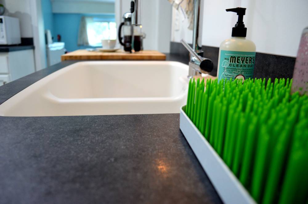 A kitchen sink that has soap and a green brush in focus.
