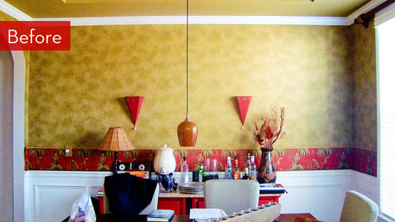 Small dining room setup, with yellow and red used as the color theme.
