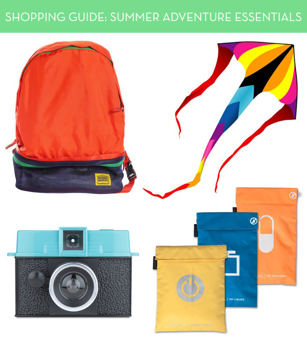 Summer essentials include a camera, pouches, a backpack, and a kite.