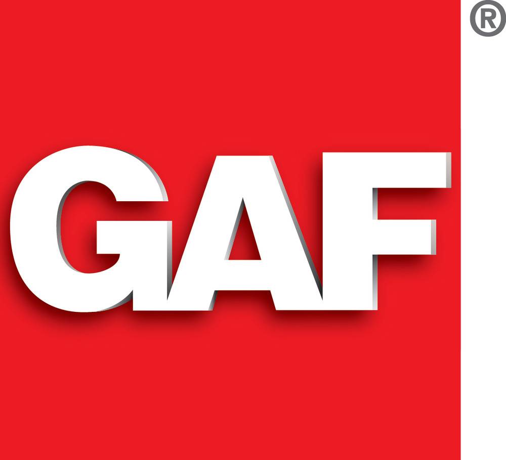 A logo for GAF with a red background.
