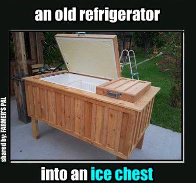 A wooden ice chest has an open door.