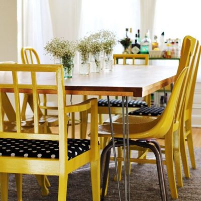 A table with yellow and black chairs.