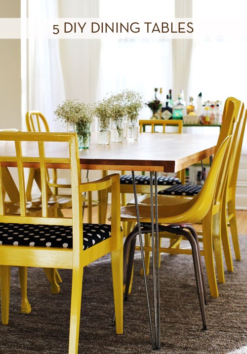 A table with yellow and black chairs.