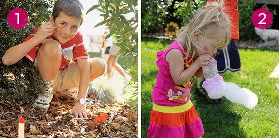 Kids are blowing bubbles and painting their faces at an outdoor event.