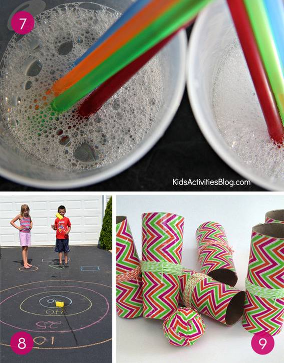 Several colored straws in two cups of liquid, two people standing on a playground looking at rings drawn on the pavement, several rolls of chevron ribbon.