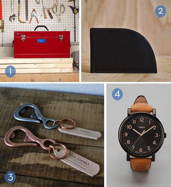 Men's gifts include a watch, keychains, a toolbox, and an organizer.