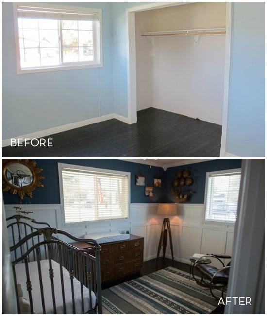 A bare room is furnished as a cozy nursery.