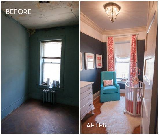 A dark green room with a radiator and a dark green room with white trim, pink curtains, a light, a blue chair and a white dresser.