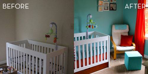Before an after picture of a nursery room with blue and red accent colors.