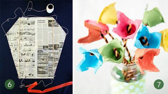 A kite has been made out of newspaper, a ribbon, and string;  and artificial flowers have been made out of cardboard or paper.