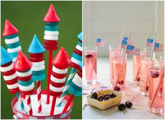 Candy and drinks are being made up to look festive for the fourth of July, using red white and blue themes.