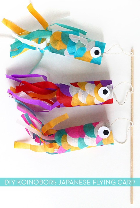 Homemade Japanese Flying Carps made from tissue paper and toilet rolls.